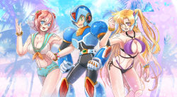 1boy 2girls android bikini bikini_shorts blonde_hair blue_eyes blush bracelet breasts cleavage commentary_request green_eyes hair_between_eyes headgear helmet holding_another&#039;s_arm jewelry joints kiwakiwa large_breasts long_hair marty_(mega_man) mega_man_(series) mega_man_x:_command_mission x_(mega_man) mega_man_x_(manga) mega_man_x_(series) multiple_girls nana_(mega_man_x:_command_mission) one_eye_closed open_mouth pink_hair purple_bikini purple_eyes robot_ears robot_joints sailor_bikini sailor_collar short_hair shorts side_ponytail sky smile swimsuit