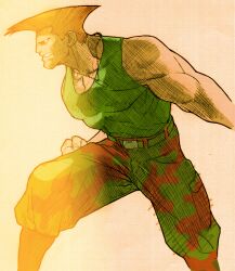 Rule 34 | 1boy, american flag, american flag tattoo, angry, bengus, brown eyes, camouflage, camouflage pants, capcom, clenched hand, clenched teeth, dog tags, facing to the side, fighting stance, flattop, game cg, green tank top, guile, highres, impossible hair, male focus, marvel, marvel vs. capcom, marvel vs. capcom 2, mohawk, muscular, muscular male, non-web source, official art, pants, scan, sidelighting, simple background, solo, street fighter, tank top, tattoo, teeth