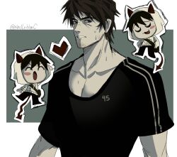 Rule 34 | 2boys, ^3^, ^ ^, afraid of monsters, averting eyes, bag, black eyes, black hair, black shirt, blush, border, brown hair, chibi, chibi inset, clone, closed eyes, collarbone, cry of fear, demon horns, demon tail, facial hair, floating, full body, goatee stubble, green background, heart, highres, hood, hood up, hoodie, horns, male focus, messy hair, multiple boys, n0elleblanc, open mouth, outline, pectoral cleavage, pectorals, scar, scar on face, shirt, short hair, shoulder bag, solo, stubble, sweatdrop, tail, tongue, tongue out, upper body, white border, white hoodie, white outline