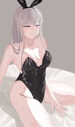 1girl ak-12_(girls&#039;_frontline) alternate_costume animal_ears arm_behind_back bare_shoulders black_leotard blush breasts cleavage closed_eyes closed_mouth collarbone covered_navel fake_animal_ears girls&#039;_frontline grey_background grey_hair highres leotard lips long_hair medium_breasts on_bed playboy_bunny rabbit_ears simple_background sitting solo songhayun9 thighs