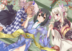 3girls :d alternate_hairstyle bell black_hair blonde_hair braid butterfly_hair_ornament chloe_von_einzbern commentary dark-skinned_female dark_skin fate/kaleid_liner_prisma_illya fate_(series) floral_print flower girl_sandwich grey_hair hair_bobbles hair_bun hair_flower hair_ornament hair_up holding_hands illyasviel_von_einzbern japanese_clothes jingle_bell kimono long_hair looking_at_another looking_at_viewer lying miyu_edelfelt multiple_girls nora-toro obi on_back on_floor on_side open_mouth orange_eyes origami paper_crane red_eyes sandwiched sash side_ponytail single_hair_bun smile tatami yagasuri yellow_eyes