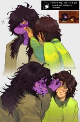 1girl 1other alternate_skin_color blush colored_skin deltarune freckles furry furry_female highres kitcorin kris_(deltarune) long_hair purple_skin reptile_girl sharp_teeth shirt smile sticker_on_face susie_(deltarune) teeth tomboy