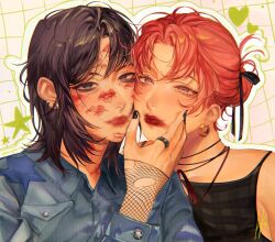 2girls black_eyes black_hair black_nails black_ribbon black_tank_top blue_shirt ear_piercing earrings grid_background hair_ribbon hand_on_another&#039;s_face heart highres hoop_earrings houtarorui jewelry kininatteru_hito_ga_otoko_ja_nakatta koga_mitsuki lipstick lipstick_mark lipstick_mark_on_face looking_at_viewer makeup medium_hair multiple_girls oosawa_aya piercing pink_eyes pink_hair portrait ribbon ring shirt signature smeared_lipstick tank_top yuri