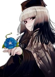 1girl b.d black_eyes dated fate/grand_order fate_(series) flower grey_hair hat highres japanese_clothes kimono morning_glory sen_no_rikyu_(fate) sen_no_rikyu_(second_ascension)_(fate) signature smile white_background