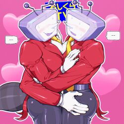 Rule 34 | ..., 2boys, abdomen tail, ant tenna, ant tenna (beta design), antennae, belt, belt buckle, black pants, blush, buckle, collared shirt, commentary, cowboy shot, crt, deltarune, english commentary, extra arms, fang, grey belt, hand on another&#039;s hip, heart, highres, long nose, male focus, multiple boys, necktie, object head, open mouth, outline, p ch3c00h, pants, pink background, pointy nose, selfcest, shirt, smile, spoken ellipsis, sweat, tailcoat, white outline, white shirt, yaoi, yellow necktie