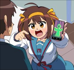 Rule 34 | 1boy, 1girl, blue jacket, blue sailor collar, blue skirt, blush, breasts, brown eyes, brown hair, cellphone, commentary request, hair ribbon, hairband, holding, holding phone, jacket, kita high school uniform, kyon, long sleeves, looking at another, maestro celeste, medium breasts, medium hair, montgomery burns, open mouth, phone, pointing, ribbon, sailor collar, school uniform, shirt, skirt, small sweatdrop, smartphone, spanish commentary, suzumiya haruhi, suzumiya haruhi no yuuutsu, the simpsons, v-shaped eyebrows, white shirt, winter uniform, yellow hairband, yellow ribbon
