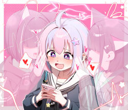 3girls absurdres ahoge animal_ears asmr black_hair black_jacket black_neckerchief blue_archive blush border cat_ears clone earbuds earphones faceless faceless_female fang girl_sandwich hair_ornament hands_up heart heart_hair_ornament heart_in_eye highres holding holding_phone jacket kazusa_(blue_archive) long_hair long_sleeves multicolored_hair multiple_girls neckerchief open_clothes open_jacket open_mouth outside_border phone pink_background pink_hair purple_hair reisa_(blue_archive) sailor_collar sandwiched shirt short_hair smile spirit symbol_in_eye two-tone_hair upper_body whispering_in_ear white_border white_sailor_collar white_shirt whonyang yuri