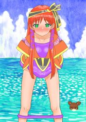 2girls animated animated_gif bent_over brown_hair chrono_(series) chrono_cross green_eyes leena_(chrono_cross) looking_at_viewer multiple_girls nokironokii ocean outdoors panties panty_pull peeing public_indecency red_hair sky standing underwear water