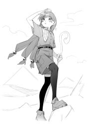 1girl :o absurdres belt blunt_bangs boots cloud commentary_request earrings expressionless fold-over_boots fossilized_wonders full_body greyscale highres holding holding_staff jewelry key_earrings long_hair looking_afar michigami_nareko monochrome open_mouth outdoors pyramid_(structure) quad_tails shading_eyes shirt short_sleeves shorts solo staff thighhighs touhou yazato_ichimushi