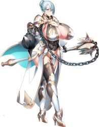 1girl armor armored_boots artist_request blue_cape blue_hair boots breasts cape chain female_focus full_body gigantic_breasts glasses high_heels highres holding_flail katisha_(kyonyuu_fantasy_burst) kyonyuu_fantasy_burst looking_at_viewer official_art paladin purple_eyes short_hair solo spikes standing updo white_armor wide_hips
