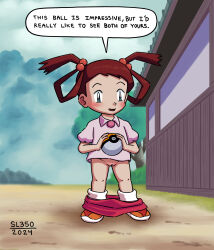1girl 2024 20s blue_eyes blush bottomless brown_hair bush clothes_pull flat_chest gs_ball hair_bobbles hair_ornament hair_rings holding holding_poke_ball house loli looking_at_viewer maizie_(pokemon) nintendo no_panties open_mouth orange_shoes pink_shirt poke_ball pokemon pokemon_(anime) pokemon_hgss puffy_sleeves pussy red_skirt rock shirt shoes short_hair short_sleeves skirt skirt_around_ankles skirt_pull sl350 smile socks speech_bubble standing tree twintails white_socks