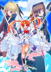 Rule 34 | 00s, 3girls, bardiche (assault form) (nanoha), bardiche (nanoha), blonde hair, blue eyes, brown hair, fate testarossa, fate testarossa (lightning form), long hair, lyrical nanoha, mahou shoujo lyrical nanoha, mahou shoujo lyrical nanoha a&#039;s, multiple girls, raising heart, raising heart (accel mode), red eyes, takamachi nanoha, takamachi nanoha (sacred mode), tom (1art.), twintails, yagami hayate