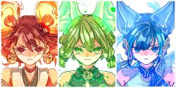 3girls animal_ear_fluff animal_ears bare_shoulders bell bell_earrings black_bow blue_eyes blue_hair bow cat_ears cat_girl choker closed_mouth collarbone duel_monster earrings food-themed_hair_ornament fox_ears fox_girl green_eyes green_hair gyosite ha-re_the_sword_mikanko hair_between_eyes hair_ornament highres hu-li_the_jewel_mikanko japanese_clothes jewelry looking_at_viewer mouse_ears mouse_girl multiple_girls neck_bell ni-ni_the_mirror_mikanko nontraditional_miko open_mouth red_choker red_eyes red_hair short_hair simple_background twintails white_background yu-gi-oh!