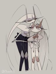 :p a-nya alternate_color antennae blush colored_skin cropped_legs gen_7_pokemon grey_background hand_on_another&#039;s_hip highres long_eyelashes long_hair looking_at_another nintendo own_hands_together pheromosa pokemon pokemon_(creature) shiny_pokemon slit_pupils tongue tongue_out twitter_username ultra_beast white_skin