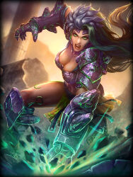 Rule 34 | 1girl, artist request, breasts, green eyes, green hair, grey hair, long hair, official art, open mouth, skirt, smite, terra (smite)
