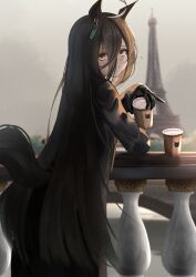 Rule 34 | 1girl, absurdres, ahoge, animal ears, araca ra, black coat, black gloves, black hair, coat, commentary, cup, disposable coffee cup, disposable cup, ear tag, earrings, eiffel tower, english commentary, from behind, gloves, hair between eyes, highres, holding, holding cup, horse ears, horse girl, horse tail, jewelry, long bangs, long hair, long hair between eyes, long sleeves, looking at viewer, looking back, manhattan cafe (umamusume), single earring, smile, solo, tail, umamusume, white hair, yellow eyes