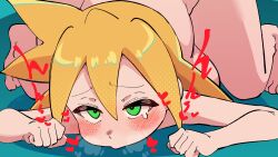 1girl blonde_hair blush breath buzzlyears cropped heart heart-shaped_pupils highres implied_sex long_hair mega_man_(series) mega_man_legends_(series) paid_reward_available roll_caskett_(mega_man) rolling_eyes single_tear solo symbol-shaped_pupils top-down_bottom-up