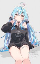 1girl absurdres ahoge alternate_costume arm_support bandaid bandaid_on_leg black_choker black_nails black_ribbon black_sweater blue_hair choker elf grey_background hair_ribbon heart heart_ahoge highres hololive light_blush long_hair low_twintails pointy_ears print_sweater ribbon simple_background single_off_shoulder sitting smile solo straight_hair suzufa sweater thigh_strap twintails v virtual_youtuber yellow_eyes yukihana_lamy yukimin_(yukihana_lamy)