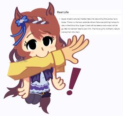 ! 1boy 1girl animal_ears bakleboi biting_another&#039;s_arm bow brown_hair chibi disembodied_hand ear_bow english_text highres horse_ears horse_girl horse_tail long_hair long_sleeves school_uniform shirt signature solid_circle_eyes solo_focus super_creek_(umamusume) tail tracen_school_uniform trainer_(umamusume) twitter_username umamusume white_background yellow_shirt