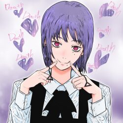 Rule 34 | 1girl, black dress, chainsaw man, closed mouth, collared shirt, death devil (chainsaw man), dress, earrings, fami (chainsaw man), fingers to mouth, fingersmile, fourth east high school uniform, heart, highres, isuke (isuke now), jewelry, long sleeves, looking at viewer, mole, mole under eye, mole under mouth, pinafore dress, purple eyes, purple hair, school uniform, shirt, sleeveless, sleeveless dress, smile, solo, white shirt