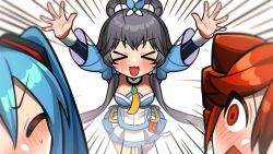 3girls arms_up black_hair black_sleeves blue_dress blue_hair blue_sky blush breasts closed_eyes cowboy_shot detached_sleeves dress emphasis_lines hashtag-only_commentary hatsune_miku highres kakosa_sama kasane_teto luo_tianyi multiple_girls pleated_dress red_eyes red_hair sky small_breasts strapless strapless_dress twintails utau vocaloid white_background