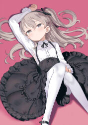 1girl arm_up black_bow black_hairband black_ribbon black_shoes black_skirt bow bow_hairband breasts bright_pupils brown_eyes brown_hair closed_mouth collared_shirt commentary dot_mouth dress_shirt expressionless girls_und_panzer hair_bow hair_spread_out hairband highres long_hair looking_at_viewer lying monomono neck_ribbon on_back pantyhose pink_background ribbon shimada_arisu shirt shoes skirt small_breasts solo suspender_skirt suspenders two_side_up white_pantyhose white_pupils white_shirt
