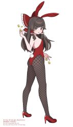 1girl animal_ears bare_arms black_pantyhose bow breasts brown_eyes brown_hair coin commentary fake_animal_ears fake_tail fishnet_pantyhose fishnets frilled_bow frilled_hair_tubes frills full_body gold hair_tubes hakurei_reimu high_heels highres leotard long_hair looking_at_viewer looking_back machimo pantyhose playboy_bunny rabbit_ears rabbit_tail red_bow red_leotard red_shoes shoes sidelocks simple_background small_breasts solo standing strapless strapless_leotard tail touhou white_background