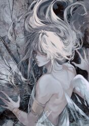 Rule 34 | absurdres, ambiguous gender, angel wings, arm cuffs, bare back, broken glass, colored eyelashes, commentary request, expressionless, feathered wings, floating hair, from behind, glass, highres, howdong, long hair, looking to the side, original, robe, solo, turning head, twitter username, white eyelashes, white hair, white robe, white wings, wings, wrist cuffs, yellow eyes