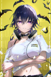 1girl absurdres arm_under_breasts bat_(animal) black_bra black_choker black_hair blush bra bra_strap breasts choker headphones headphones_around_neck highres ichinose_uruha large_breasts looking_at_viewer medium_hair midriff muchi2p navel print_shirt purple_eyes shirt simple_background solo underwear virtual_youtuber vspo! white_shirt yellow_background