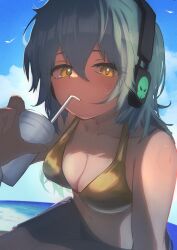 Rule 34 | 1girl, absurdres, antonina (neural cloud), aqua hair, bikini, breasts, cleavage, cup, drink, drinking straw, drinking straw in mouth, girls&#039; frontline, girls&#039; frontline neural cloud, gold bikini, hair between eyes, headphones, highres, holding, holding cup, long hair, looking at viewer, medium breasts, ocean, ryunosuke nikaido, skull print, sky, solo, swimsuit, yellow eyes