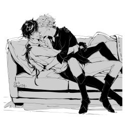 004s_4 2boys blush couch couple genshin_impact greyscale image_sample lying monochrome multiple_boys on_back on_couch pixiv pixiv_sample tartaglia_(genshin_impact) white_background yaoi zhongli_(genshin_impact)