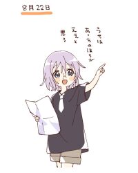 1girl :d black_shirt blue_eyes blush_stickers brown_shorts commentary_request cropped_legs glasses grey_hair hand_up highres holding holding_paper ikeda_chitose namori necktie open_mouth paper pointing shirt short_hair short_sleeves shorts simple_background smile solo translation_request white_background white_necktie yuruyuri