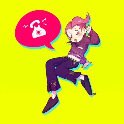 1boy drop_shadow freckles full_body highres jojo_no_kimyou_na_bouken kitchupsandwich looking_at_viewer male_focus open_mouth pants phone pink_eyes purple_footwear purple_pants purple_sweater signature simple_background solo spoken_object sweater vento_aureo vinegar_doppio yellow_background