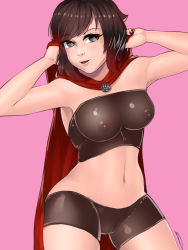 1girl bare_shoulders black_eyes breasts brown_hair female_focus highres medium_breasts nail_polish navel nipples pussy ruby_rose rwby see-through_clothes shonomi solo text_focus uncensored