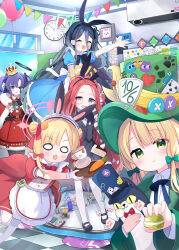 Rule 34 | 5girls, air conditioner, alice&#039;s adventures in wonderland, alice (alice in wonderland), animal ears, apron, aris (blue archive), balloon, black skirt, blonde hair, blue archive, blue dress, blue eyes, bow, bowtie, character request, clock, closed eyes, closed mouth, commentary request, controller, crown, dress, fake animal ears, game controller, game development department (blue archive), green bow, green bowtie, green eyes, green halo, green hat, hair bow, halo, handheld game console, hat, highres, holding, holding macaron, holding stuffed toy, kei (robot) (blue archive), long hair, looking at viewer, maid apron, mary janes, mechanical halo, midori (blue archive), momoi (blue archive), multiple girls, o o, open mouth, pantyhose, pink halo, purple hair, queen of hearts (alice in wonderland), rabbit ears, red dress, red hair, shoes, short sleeves, skirt, stuffed animal, stuffed cat, stuffed toy, very long hair, white pantyhose, yuuka (blue archive), yuzu (blue archive), zcx