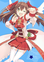 1girl angel_wings breasts brown_hair choker cleavage emil_chronicle_online hair_ribbon halo medium_breasts one_eye_closed open_mouth red_ribbon red_skirt ribbon ribbon_choker skirt stella_lore thighhighs tsubure_manjuu twintails white_thighhighs white_wings wings yellow_eyes