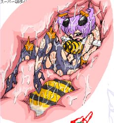 1girl bee bee_girl blush breasts bug camel_(dansen) capcom cross-section digestion dissolving_clothes female_focus bug arthropod_girl inside_creature lowres monster_girl navel open_mouth q-bee sketch slime solo tears darkstalkers vore wince
