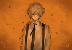 1boy absurdres artist_logo black_necktie brown_eyes brown_hair closed_mouth collared_shirt commentary cross cross_earrings ear_piercing earrings eyepatch gold_osmanthus hair_between_eyes highres jewelry latin_cross logo long_sleeves looking_at_viewer lying male_focus mano_aaa necktie on_back one_eye_covered original piercing shirt solo suspenders upper_body white_shirt