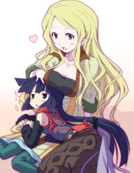 10s 2girls akatsuki_(log_horizon) bare_shoulders blonde_hair blue_hair blush bracelet breast_rest breasts breasts_on_head collarbone detached_sleeves enterbrain hand_on_another&#039;s_head heart jewelry log_horizon long_hair marielle_(log_horizon) multiple_girls necklace pointy_ears ponytail purple_eyes sitting yellow_eyes yoshi_(crossmind)