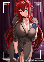 1girl artist_name blue_eyes blush breasts brown_coat closed_mouth coat covered_erect_nipples cowboy_shot hellandheaven high_school_dxd highres huge_breasts long_hair navel recording red_hair rias_gremory solo tongue tongue_out