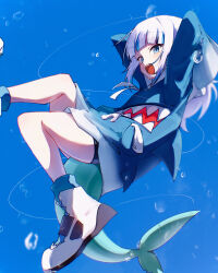 1girl :d absurdres air_bubble bike_shorts blue_hair blue_hoodie blunt_bangs bubble commentary fins fish_tail foot_out_of_frame full_body gawr_gura gawr_gura_(1st_costume) grey_hair high_tops highres hololive hololive_english hood hood_down hoodie long_hair long_sleeves mocchan_(mo_chan0225) multicolored_hair open_mouth pocket shark_girl shark_tail sharp_teeth shoes sleeves_past_wrists smile sneakers solo streaked_hair tail teeth underwater upper_teeth_only virtual_youtuber white_shoes