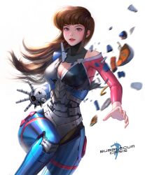 Rule 34 | 1girl, armor, armored bodysuit, bodysuit, breasts, brown hair, bs9999s, bubblegum crisis, cleavage, copyright name, highres, long hair, looking at viewer, mechanical arms, parted lips, priscilla asagiri, simple background, solo, white background