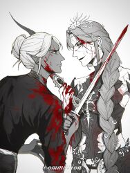 Rule 34 | 2girls, baldur&#039;s gate, baldur&#039;s gate 3, blood, blood on clothes, blood on face, crutch c, dagger, dungeons & dragons, dungeons &amp; dragons, eye contact, highres, holding, holding sword, holding weapon, knife, looking at another, minthara, multiple girls, orin the red, sword, upper body, weapon, white background