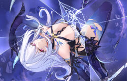 Rule 34 | 1girl, arms up, breasts, broken glass, dealesis, dress, genshin impact, glass, highres, knee up, long hair, looking at viewer, medium breasts, purple background, purple eyes, purple hands, purple thighhighs, skirk (genshin impact), smile, solo, thighhighs, upside-down, white dress, white hair