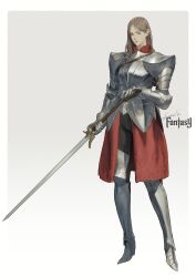 Rule 34 | 1girl, absurdres, arm guards, armored boots, boots, brown eyes, brown hair, english text, full body, highres, holding, holding sword, holding weapon, medieval, metal gloves, original, simple background, solo, sonech, sword, weapon, white background, zweihander