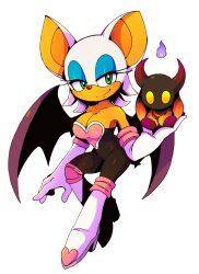 1girl 1other absurdres bat_girl bat_wings black_bodysuit blue_eyeshadow bodysuit boots breasts chao_(sonic) cleavage creature dark_chao devil_chao eyeshadow furry furry_female green_eyes hagalaz highres holding looking_at_viewer makeup rouge_the_bat simple_background solo_focus sonic_(series) tachi-e white_background white_boots wings