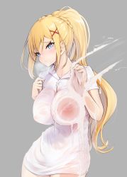 1girl against_glass alternate_costume amekosame blonde_hair blue_eyes blush braid breast_press breasts breasts_on_glass cleaning cleaning_windows clenched_hand closed_mouth cloth collarbone collared_shirt commentary_request contrapposto covered_erect_nipples cowboy_shot darkness_(konosuba) dress_shirt foam fog french_braid grey_background hair_ornament hand_on_own_shoulder hands_up holding holding_cloth kono_subarashii_sekai_ni_shukufuku_wo! large_breasts long_hair looking_at_viewer nipples ponytail see-through_clothes shirt short_sleeves sidelocks solo wet wet_clothes wet_shirt white_shirt window x_hair_ornament