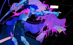 1girl 1other armor blue_hair blue_skin bourbonciely bracelet cape colored_skin colored_teeth deltarune furry furry_female gloves heart highres jewelry kris_(dark_world)_(deltarune) kris_(deltarune) purple_skin reptile_girl smile soul_(deltarune) speech_bubble spiked_bracelet spikes susie_(dark_world)_(deltarune) susie_(deltarune) sword teeth tomboy weapon yellow_teeth