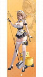 1girl :d absurdres alternate_costume anis_(nikke) apron blush breasts brown_eyes brown_hair full_body gloves goddess_of_victory:_nikke hair_ornament high_heels highres large_breasts looking_at_viewer maid_headdress open_mouth short_hair smile standing subob_(subobdesu) teeth thighhighs thighs upper_teeth_only white_apron white_thighhighs