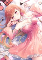1girl bed_sheet bottle breasts cherry_blossom_print choker cleavage colored_inner_hair commentary detached_sleeves dress earrings empire_waist english_commentary feather_earrings feathers floral_print floral_print_dress floral_print_sleeves frilled_dress frills gradient_hair green_hair hands_up holding holding_bottle hololive hololive_english jewelry large_breasts long_hair long_sleeves looking_at_viewer lying makeup_brush multicolored_hair official_alternate_costume official_alternate_hairstyle on_back orange_hair parted_lips perfume_(takanashi_kiara) perfume_bottle pink_dress pink_eyes pink_feathers pink_sleeves ribbon_choker sebu_illust simple_background sleeveless sleeveless_dress solo strapless strapless_dress swept_bangs takanashi_kiara takanashi_kiara_(perfume) virtual_youtuber
